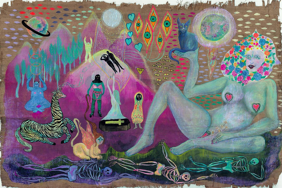 meagan boyd, neon fauves, painting, acrylic, leonora carrington, frida kahlo, remedios varo, exotic, multi cultural, bi racial, political, howl magazine, press release, Leiminspace, lei min space, chinatown, la, los angeles, art show, summer, 2017, color, abstract, surreal, art