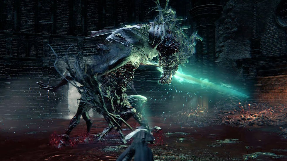 Ludwig the Holy Blade, a twisted, horse-shaped man with multiple arms and legs, prepares to attack the player with the Holy Moonlight Greatsword.