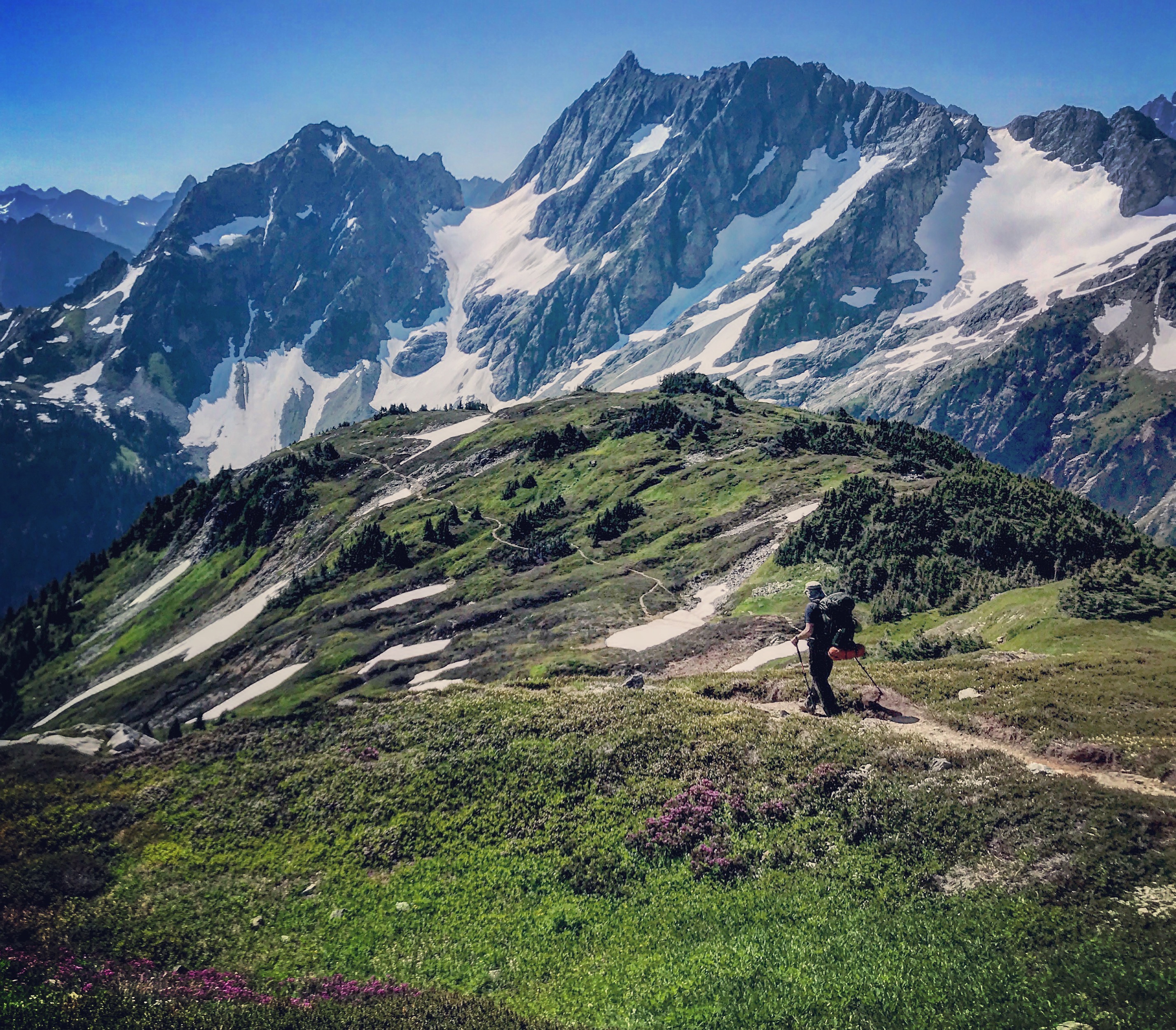 Matt hiking down Sahale Arm