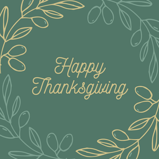 Happy Thanksgiving post template on green background with gold and green leaves