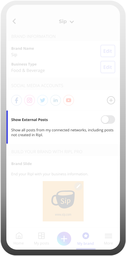 Inside the Ripl social media app under brand settings where you can edit whether or not to show external posts