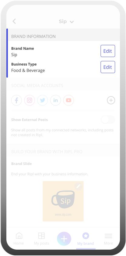 Inside the Ripl app brand settings for social media