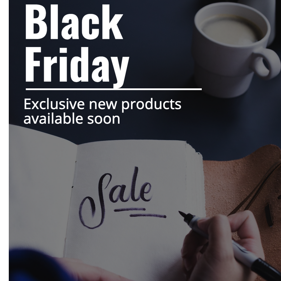 Black Friday sale social media post with coffee and person writing in journal