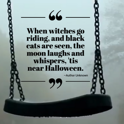 Spooky Halloween social media post about witches and black cats with a haunted swing