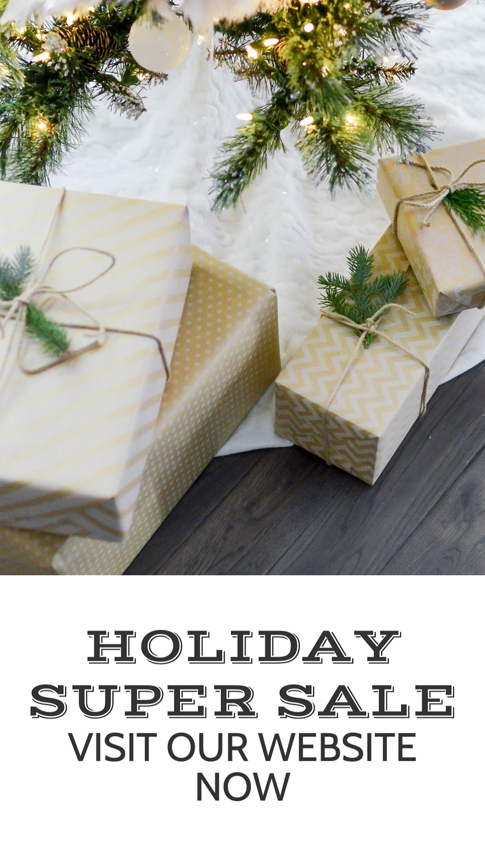 Holiday super sale social media template with wrapped gifts under a Christmas tree