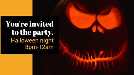 Scary pumpkin Halloween social media post with creepy jack o lantern and orange banner