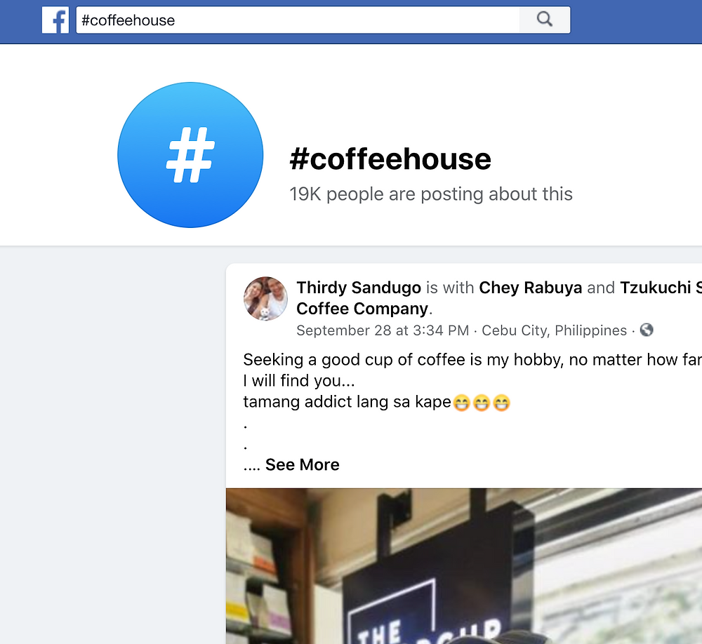 Coffee house hashtag search results on Facebook