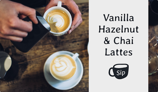 An example social media post for Sip coffee that shows brand colors, brand fonts, and small business logo