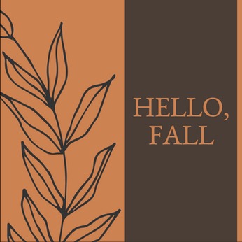 Hello Fall social media post template with brown and orange backgrounds and autumn leaf detail