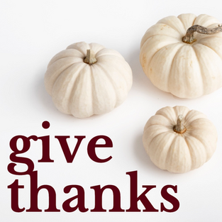 Give thanks Thanksgiving post template with white pumpkins and maroon text