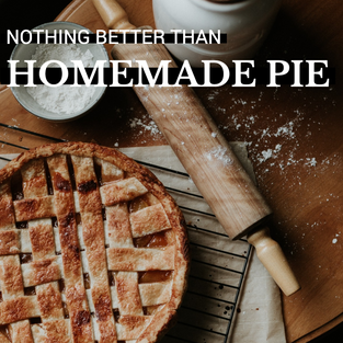 Homemade pie Thanksgiving and Fall social media post template with freshly baked pie, rolling pin, and flour for bakeries and restaurants