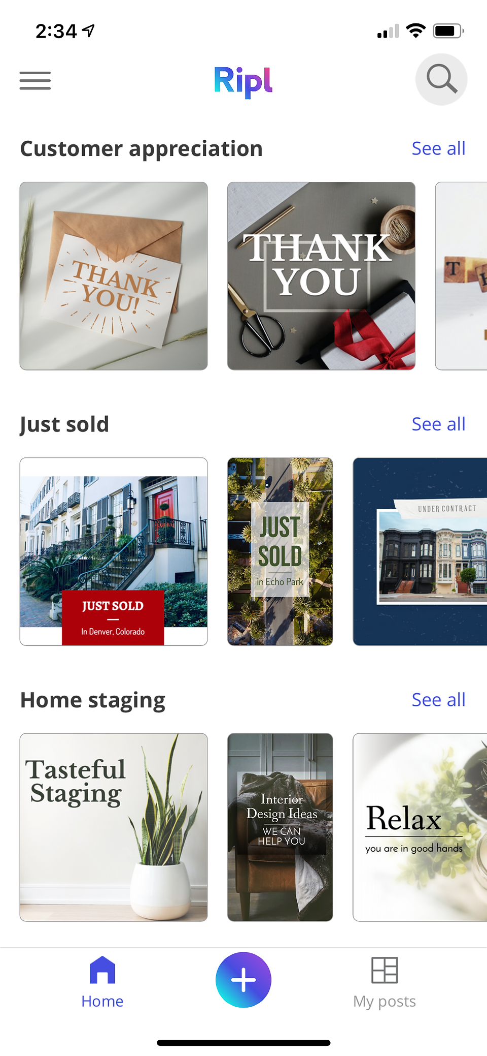 Ripl social media post template collections including customer appreciation social media post templates, just sold templates, and home staging post templates