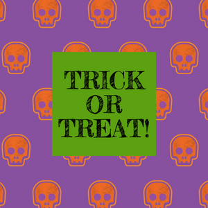 Orange, purple, and green Halloween trick or treat social media post template with skulls