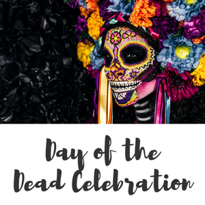 Dia de los Muertos Day of the Dead Celebration social media post template with woman with painted sugar skull makeup