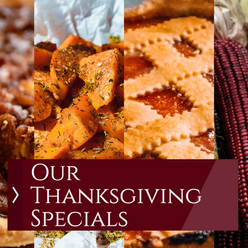 Thanksgiving specials post template for social media with maroon accent with pie and sweet potato images