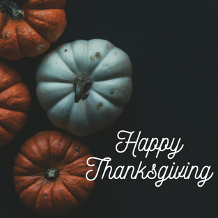 Happy Thanksgiving template for social media with orange and white pumpkins on a dark background