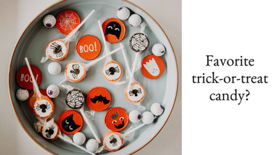 Halloween candy post template for social media with orange, white, and black candies and spiders, black cats, and ghosts