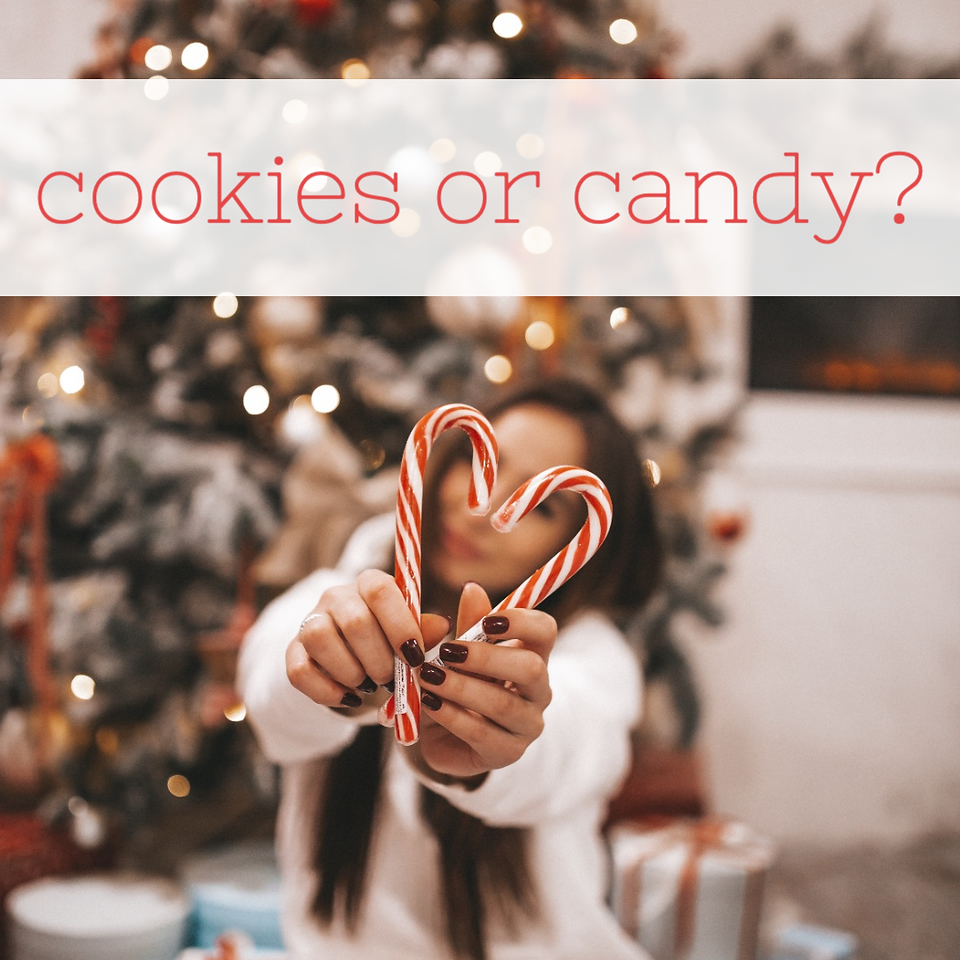 Holiday social media post template with woman holding up candy canes in front of the Christmas tree
