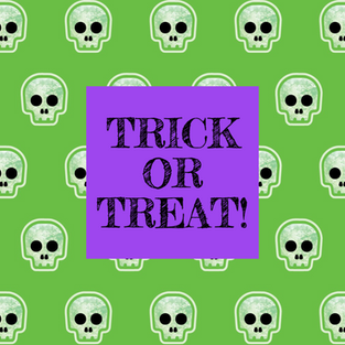 Purple and green Halloween trick or treat social media post template with skulls