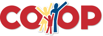 CO-OP logo. Silhouettes of three people stand with their arms raised where the hyphen in CO-OP would be.