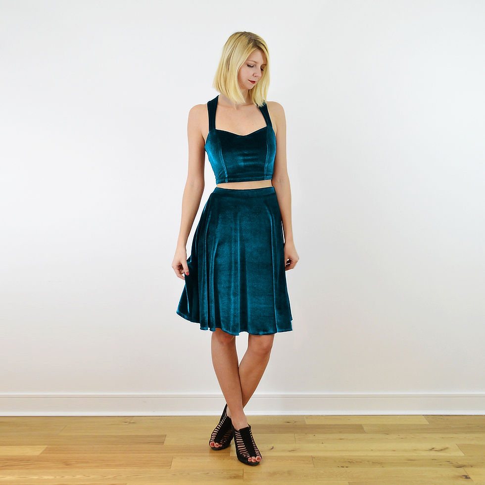 Teal Blue Velvet Two Piece Crop Top and Skirt Set