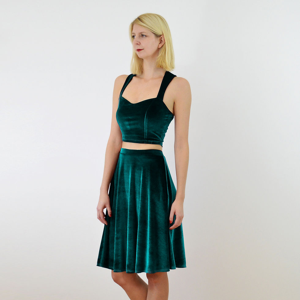 Thumbnail: Forest green velvet crop top with skater skirt for festive or evening looks