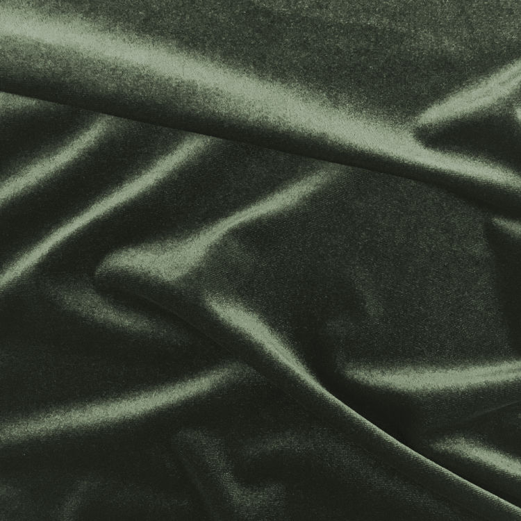 Thumbnail: Fabric close up of shimmering stretch velvet in khaki green