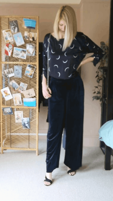 Going out outfit with velvet wide leg trousers and silky blouse