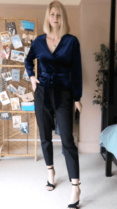 Elegant date outfit with velvet wrap top, trousers & heels
