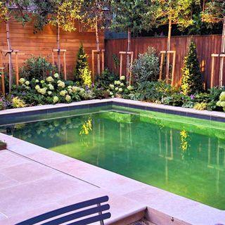 Nighttime view of the pool with stone border capturing reflections