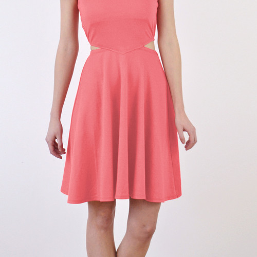 coral pink skater dress Coral Skater Dress - Chiffon Mini Dress - Cutout Skater Dress