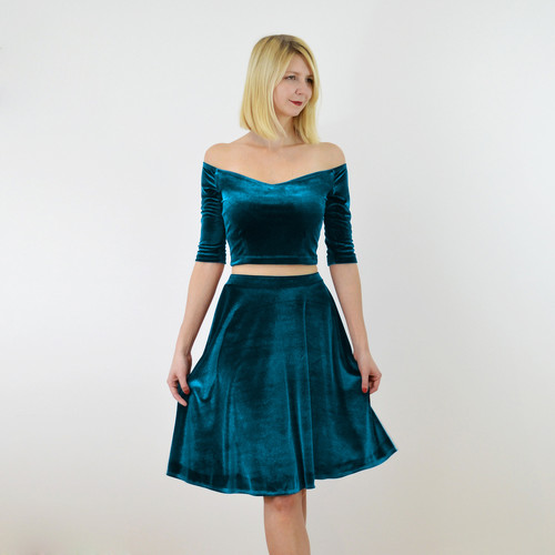 Velvet Top And Taffeta Skirt Coco Teal Blue Velour/Velvet Off