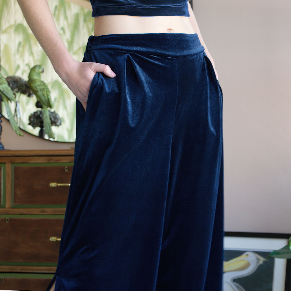 Thumbnail: Sophisticated wide-leg velvet trousers in midnight blue, perfect for festive parties