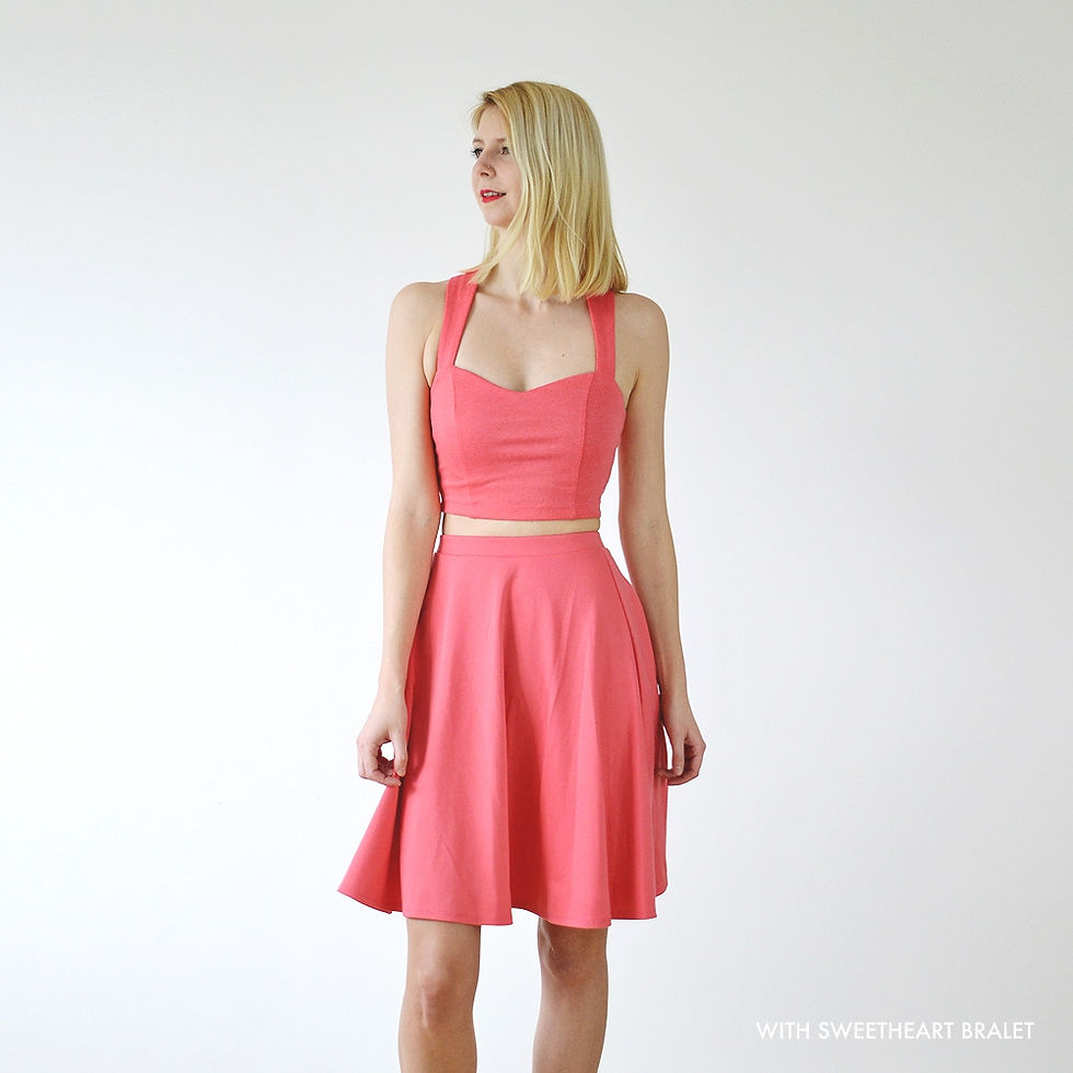 Thumbnail: Swishy Stretch Jersey Skater Skirt in Coral Pink with bralet