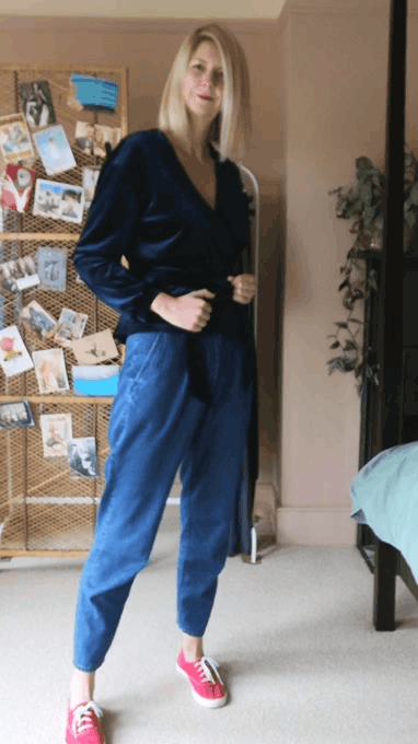 Casual outfit with velvet wrap top and jeans