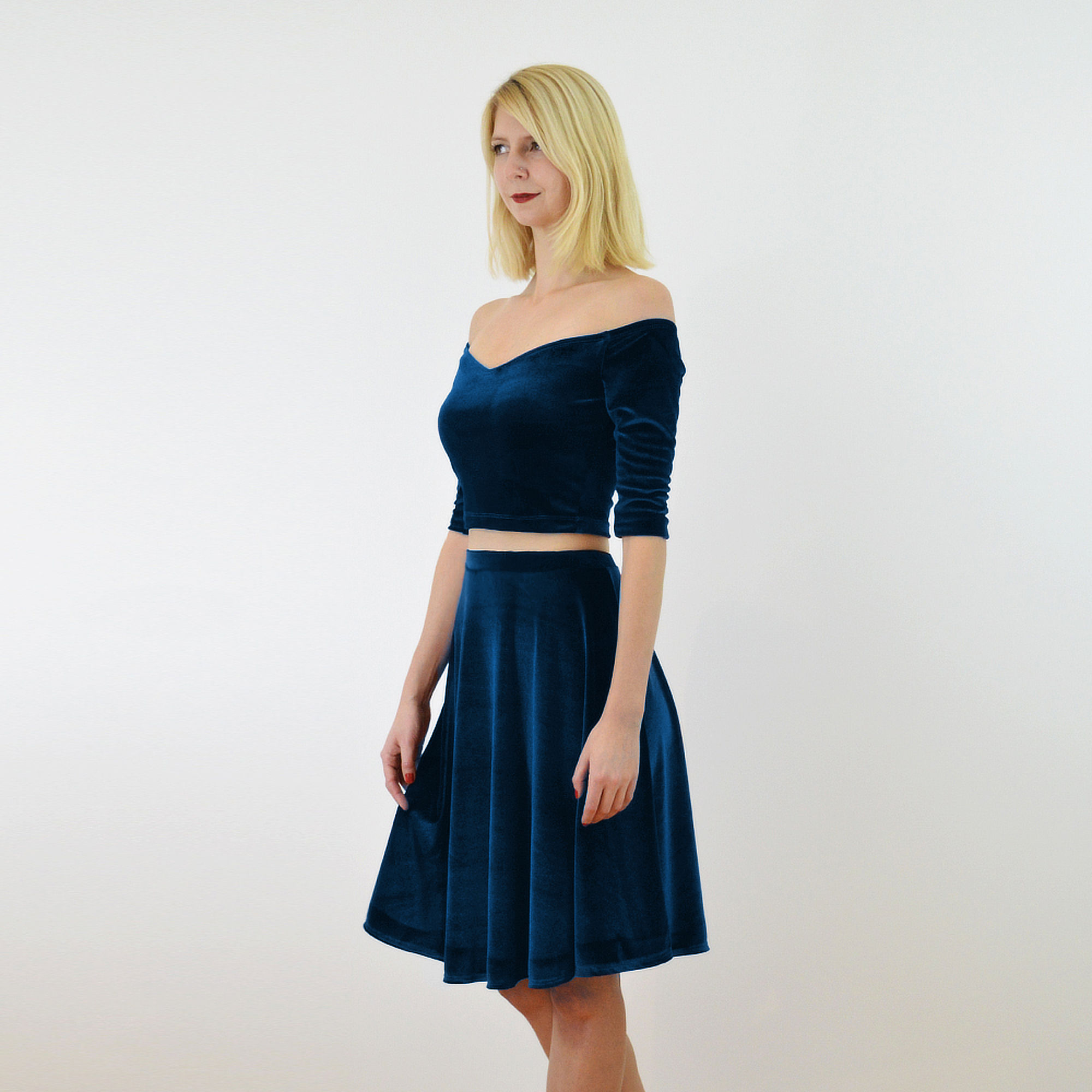 Navy Velvet Off Shoulder Top and Skirt Set