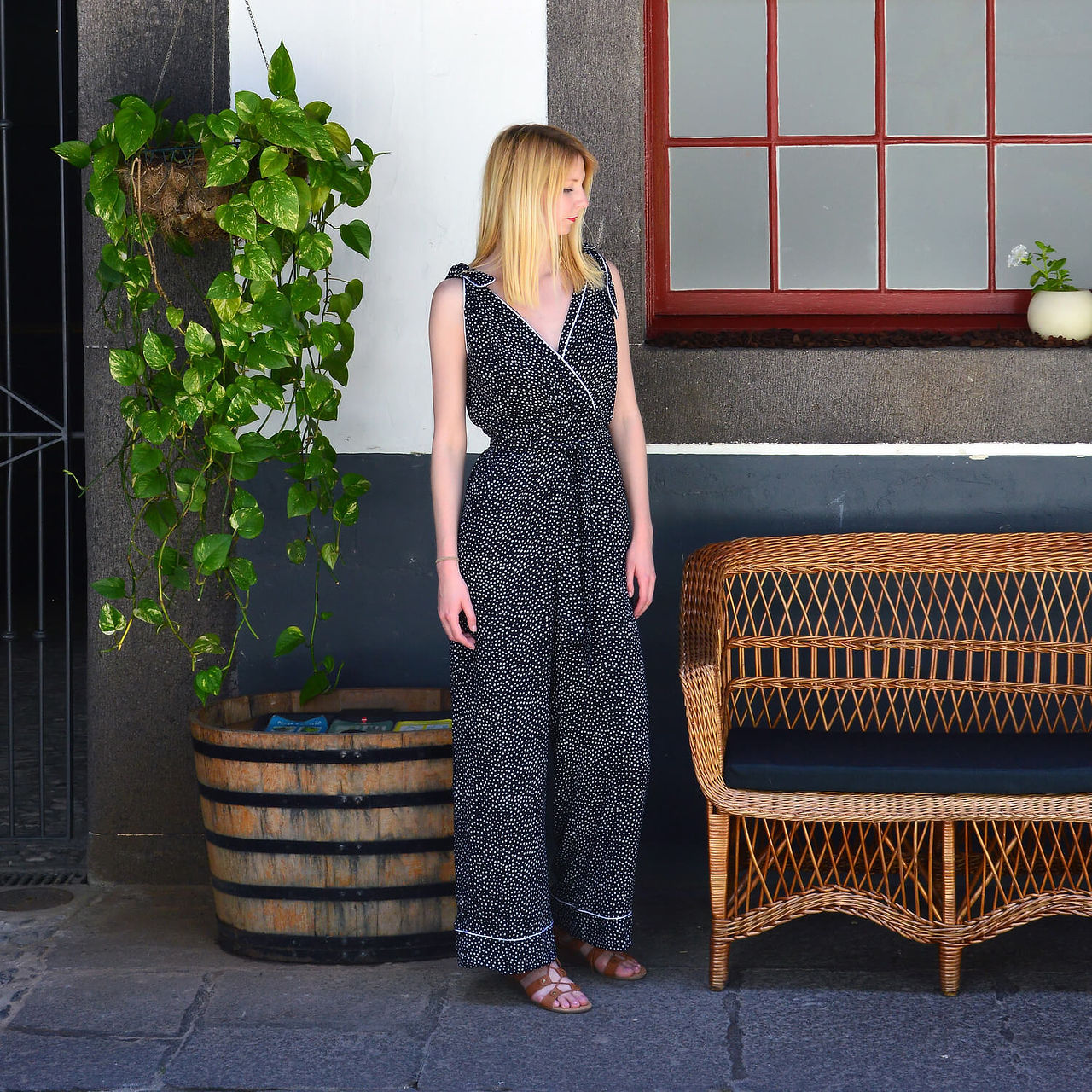 Holiday outfit Marlene classic spot print wide leg jumpsuit