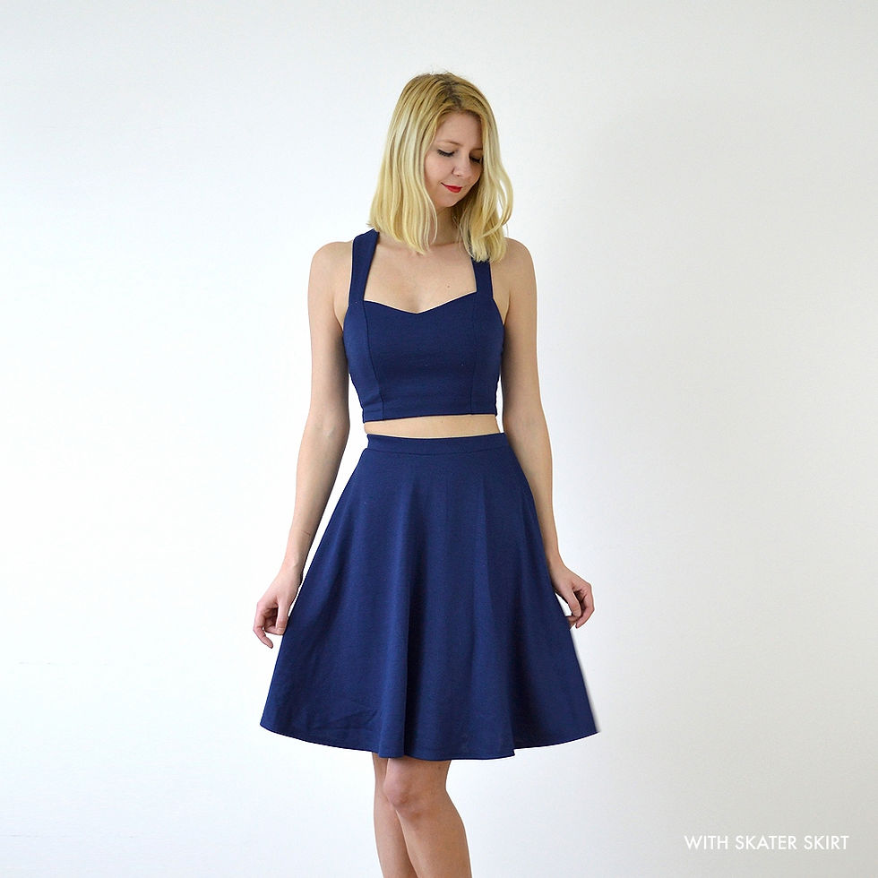 Thumbnail: Vintage Style Contour Fitted Jersey Bralet in Navy with skater skirt