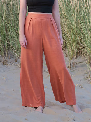 HEPBURN | Linen Blend High Waist Wide Leg Trousers in Burnt Orange
