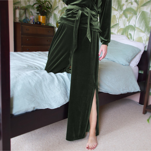Hepburn Velvet Wide Leg Trousers – Khaki Green | Stylecamp UK