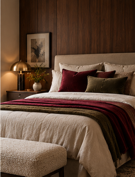 Chambre élégante avec lit beige, coussins bordeaux et olive, mur en bois, lampe dorée et tableau.