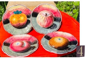 Assiettes en barbotine atelier Vinci décor fruits en relief, céramique vintage trompe-l'œil pour décoration murale Arty.