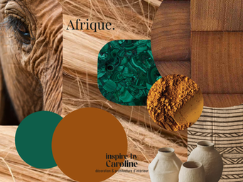 Moodboard de tendances décoration intérieure 2026 inspiré de l'Afrique : textures naturelles, bois sombre, pierre de malachite verte, pigments ocre et poteries artisanales par Inspire by Caroline.