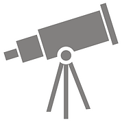 Graues Teleskop-Symbol auf weißem Hintergrund. Das einfache Design zeigt ein klassisches Teleskop mit Stativ, nach links ausgerichtet.