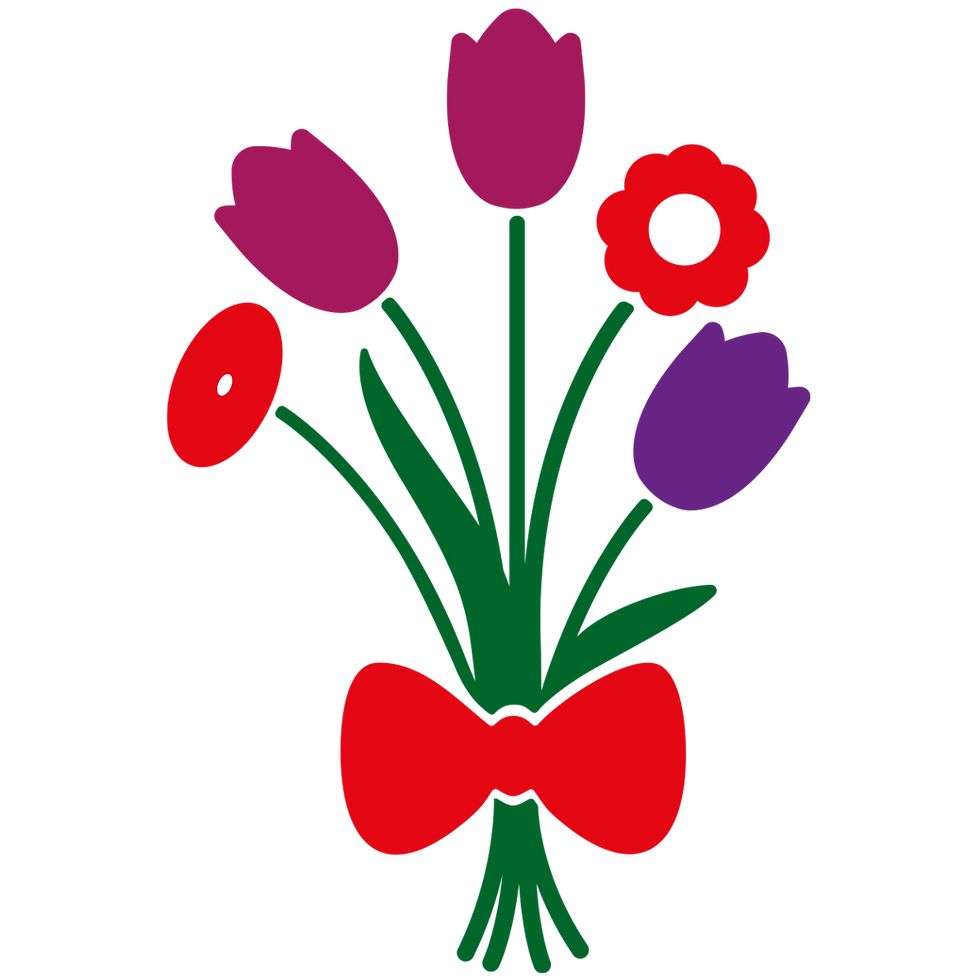 Comic-Blumenstrauß mit roten, lilafarbenen + pinkfarbenen Blüten