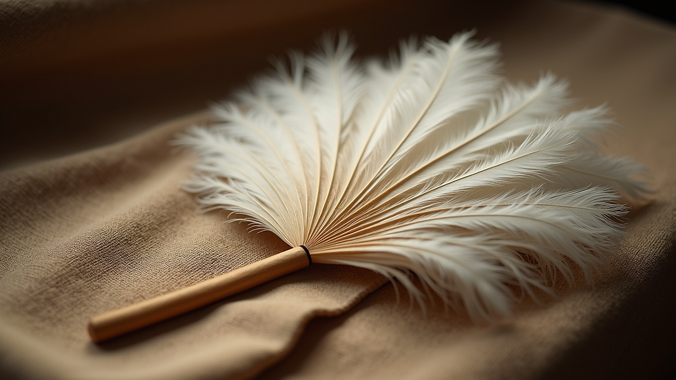 Close-up view of a sacred feather fan resting on a woven cloth