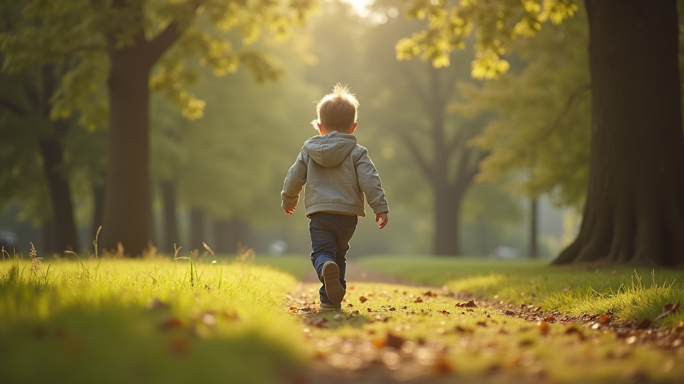 Vue en contre-plongée d’un enfant courant dans un parc verdoyant