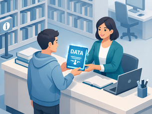 A woman hands a glowing book titled "DATA" to a man in a library. Bookshelves and a computer are in the background. Mood is informative.