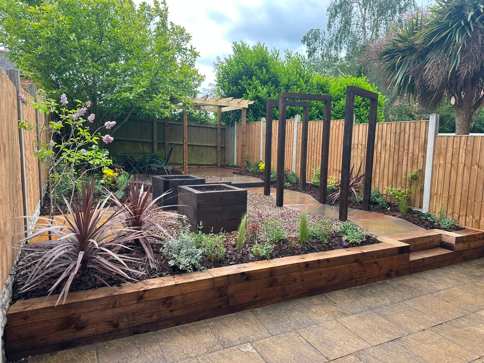 Timber pergola and raised planting beds in a landscaped garden