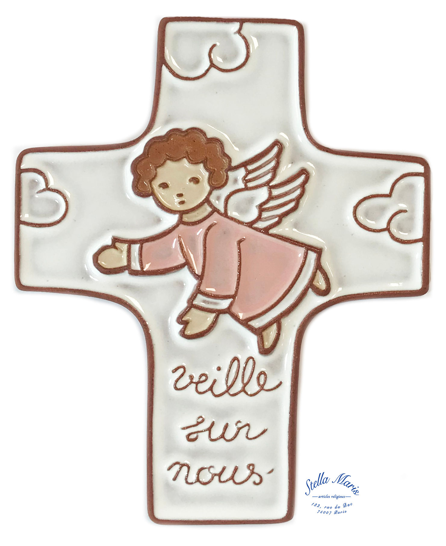 Ceramic Children's Cross - Angel - White and Pink